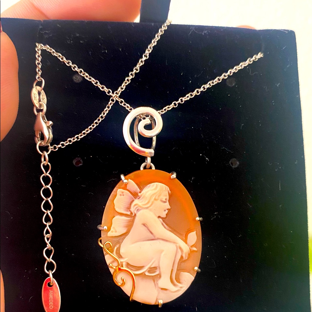 Authentic Amedeo 14k Gold And 925italian Silver Angel Cameo Necklace